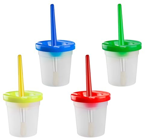 Tabanzhe Paint Cups with Brushes Set–4 Spill Proof Paint Pots with Lids and 4 Brushes,Painting Tools for Watercolor,Acrylic,Oil,Gouache,Art Class,School Supplies