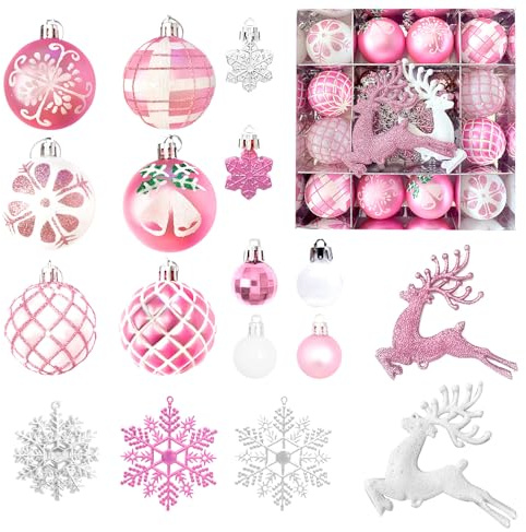 MORAINJAY 45 Pz Palline di Natale Rosa Bianco, Addobbi Natalizi in Plastica Infrangibile, Ornamenti Appesi per Albero di Natale, Decorazioni Festive per Casa e Feste, 6 cm