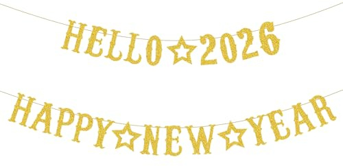 Silvester Deko 2026 Neujahrs Dekoration Girlande Banner, Happy New Year Deko 2026 Girlande Gold, Glitzer Silvesterdeko Hanging Banner, für Silvesterparty Geburtstag New Years Eve Decorations
