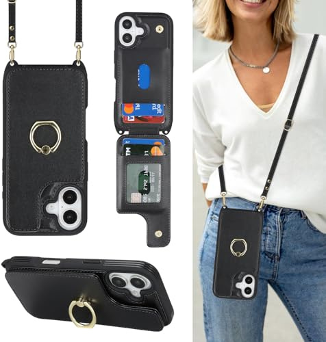 Cavor Phone Case Compatible with iPhone 17 Case With Card Holder With Strap,Flip Leather Wallet Card Case with Lanyard,Ring Kickstand Shockproof Cover Case for iPhone 17 - Black