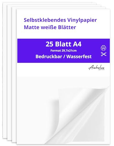 25 Din A4 Selbstklebendes Vinyl Aufkleberpapier Weiß Matt | Bedruckbare Vinylfolie für Inkjet- und Laserdrucker | Matte oder glänzende weiße Vinylblätter für Aufkleber und Etiketten