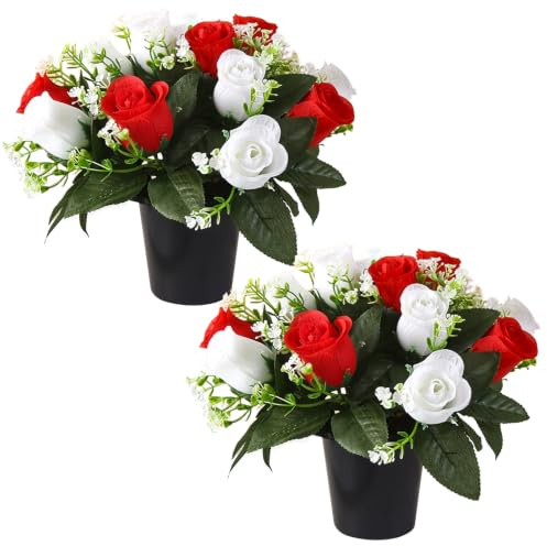 2 Set Artificial Flowers for Graves in Pot with 12-Head White Red Roses Flake Plastics Silk Funeral Memorial Cemetery Christmas Grave Flowers Outdoor Graveside Ornaments for Granddad Mum Dad Friend