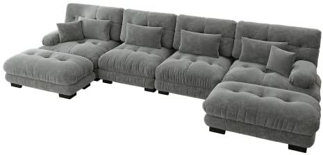 vutizal Modulares Ecksofa 4-Sitzer U-Form Cloud Sofa mit 2 Ottomans in Grau, Großzügige Chenille Wohnlandschaft, Elegant & Funktional