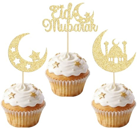 24 Stück Eid Mubarak Cupcake Topper Set, Ramadan Kareem Kuchendekoration, Stern und Mond Tortendeko, Eid Mubarak Glitzer Topper, Ramadan Deko für Kuchen, Cupcakes, Muffin, Eid al-Fitr Party (Gold-G)