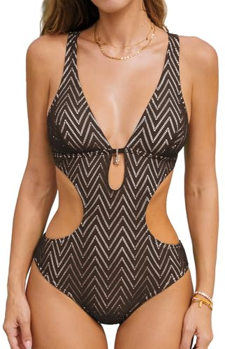 CUPSHE Women's One Piece Swimsuit Monokini Plunging Neck Cutout Bathing Suit Halter Ties Adjustable Straps Swimwear