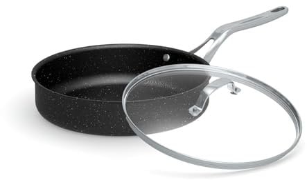 Starfrit The Rock Classic 11 (28cm) Non-Stick Deep Fry Pan with Helper Handle and Glass lid - Durable Forged Aluminum - Oven Safe - PFOA Free - Easy to Clean