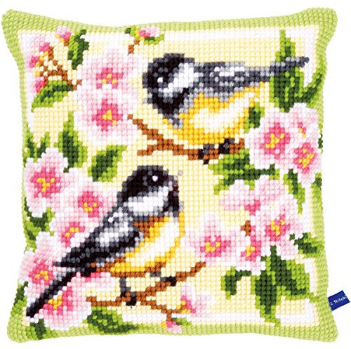 VERVACO Kreuzstich Stickpackungen Kissen Stickerei Set Anfänger Vorgedruckt 2 Kohlmeisen in Blumen DIY Set Kreativ Set Für Erwachseneca. 40 x 40 cm Bastelset Handwerker Haus Dekoration