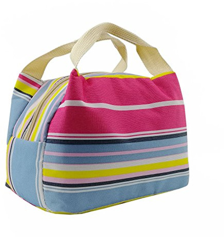 Vinsani Insulated Thermal Lunch Bag Portable Reusable Cooler Bag Unisex | Waterproof & Leak-Proof Design for Outdoor, Beach, Camping, BBQ & Travel, Lightweight & Foldable - Striped Pink