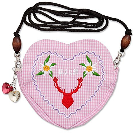 Edelweiss Trachten Tasche Oktoberfest Dirndl Herzform abnehmbarem Langer Kordel Mausi Hirschkopf Rosa