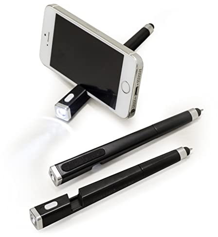Mopec Bolígrafo Linterna, Puntero y Borra Huella y con Soporte para Móvil, Negro, 1.5x1.5x14 cm, 5 Unidades