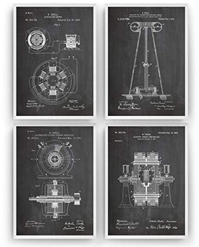 Nikola Tesla Patent Poster - Satz von 4 - Engineer Ingenieurwesen elektrisch Ingenieur Wissenschaft Science Print Mauer Art Kunst Zeichnungen Geschenke - Rahmen nicht enthalten