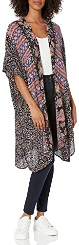ANGIE Women's Boho Long Duster Kimono Cardigan Shirt, Black, Large