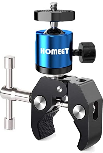 Homeet Super Morsetto Clamp con Teste Treppiedi Supporto Pinza Fotocamera Granchio Clip Rotazione a 360°con Filettature da 1/4 e 3/8 per Monitor/Flash LED/Telecamera/Microfono/GPS【Blu Teste】