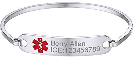 PROSTEEL Bracelet Médical Alerte Personnalisé pour Homme Femme Plaque Acier/Plaqué Or Bracelet Cordon/Caoutchouc/Jonc Bijoux Accessoire pour Allergie Diabètes Patients Spéciaux (Type 05: Argenté)