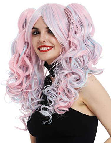 WIG ME UP - TYS-295+298 Damenperücke Perücke Frauen Cosplay lockig 2 abnehmbare Zöpfe Gothic Lolita Rosa Pink Blau Mix 60 cm lang