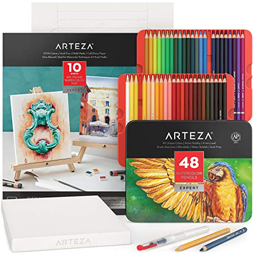 Coffret artistique pour le dessin à l'aquarelle Arteza, crayons d'aquarelle et papier de toile pliable, fournitures d'art pour enfants et adultes