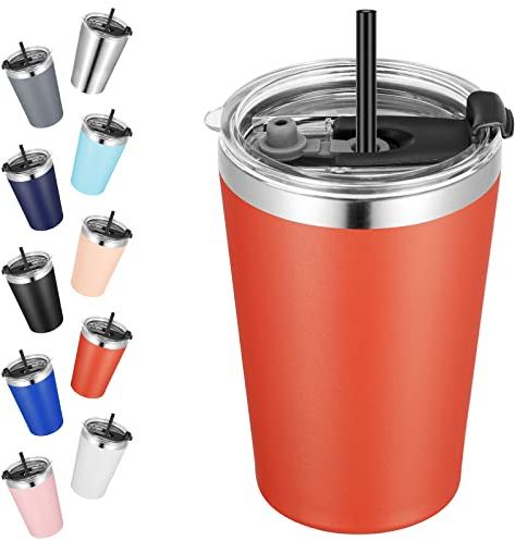 VEGOND Vaso de acero inoxidable de 12 onzas, con aislamiento al vacío, doble pared, con tapa y popote, vaso reutilizable, color rojo ladrillo