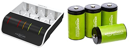 ANSMANN Comfort Multi AAA, AA, C, D & 9V Battery Charger For NiMH Rechargeable Batteries & Amazon Basics D Cell Rechargeable Batteries 10000mAh Ni-MH, 4-Pack (Appearance may vary)