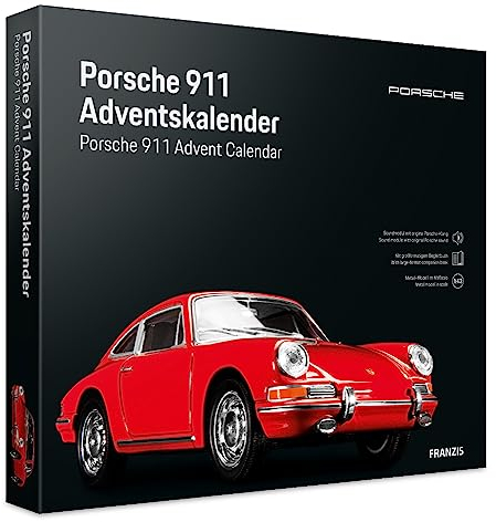 FRANZIS 55199 - Porsche 911 Adventskalender rot, Metall Modellbausatz im Maßstab 1:43, inkl. Soundmodul und 52-seitigem Begleitbuch