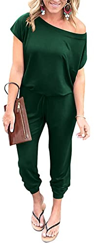 YUNDAI Womens Jumpsuits One Piece Casual Off Shoulder Playsuit Short Sleeve Overalls Elastic Waist Stretchy Romper with Pockets Large,Dark Green