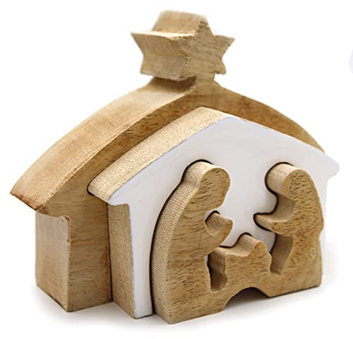 Stern Fabrik Krippe Deko-Figur aus Mango-Holz mit Keramik-Front, 15,5x12x4cm, 3D-Figur Weihnachts-Deko Weihnachten