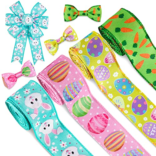 Whaline Schleifenband mit Draht, 27 m, Osterei, Hase, Karotte, Pastellfarben, Frühlingsfarben, Bastelband, Stoff, dekoratives Geschenkband, Rolle für Geschenke, Haarschleifen, Bastelbedarf, 4 Rollen