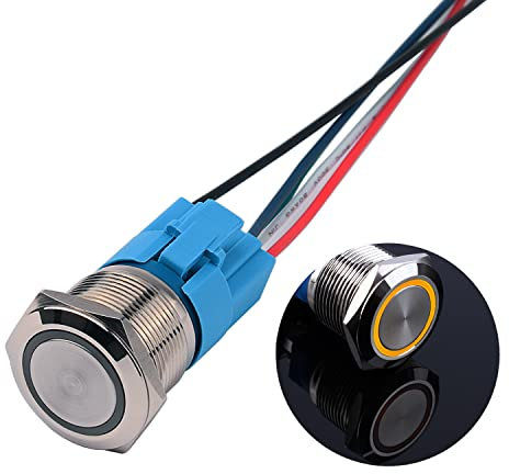 JIQI 22mm 12V bis 24V 5A Verriegelung Druckschalter Metall Rastend EIN/AUS Schalter mit LED Licht IP66 1NO1NC Selbsthemmende wasserdichte vorverdrahte Druckknopfschalter für Van KFZ DIY Motorrad(Gelb)