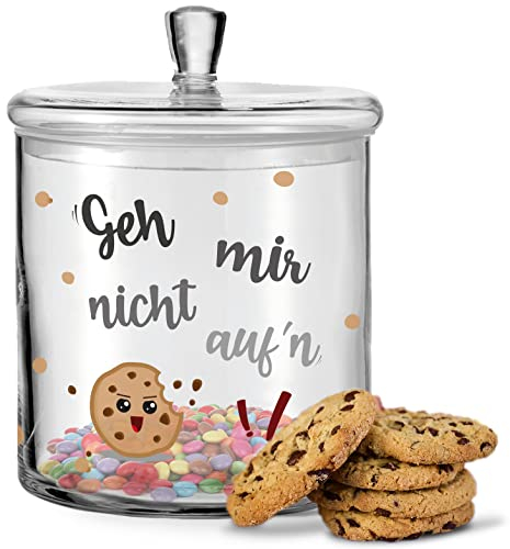 GRAVURZEILE Leonardo Keksglas mit UV-Druck - Geh mir nicht auf'n Keks - Vorratsdose mit Namen - Keksdose Bonbonglas mit luftdichtem Deckel für Süßigkeiten - Lustiges Geschenk für Sie & Ihn