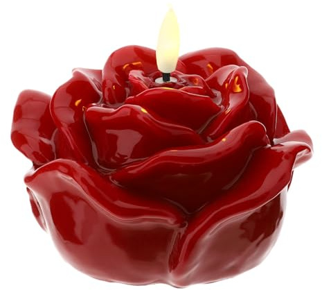 Hervit Candela LED a Forma di Rosa Laccata Rossa Finta Fiamma Oscillante - Scatola Regalo - 2 Colori - Candela di Cera a Fiore Illuminazione Senza Filo - Batterie Non Incluse - Ø12x8cm