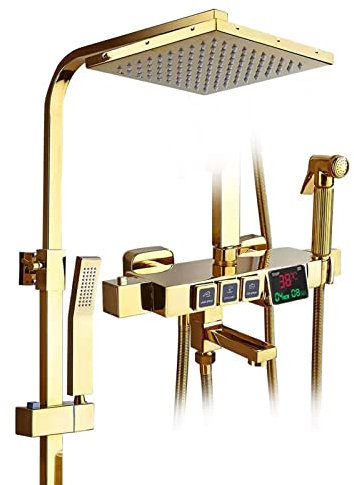 Boyuan Colonne de Douche Thermostatique, Or Mural Ensemble Douche avec Affichage Numérique, Réglable Hauteur Système de Douche avec Étagère Douche, Orientable Mitigeur, Bidet Pulvérisateur
