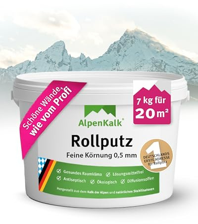 AlpenKalk Feiner Rollputz für Innen I 7 kg für ca. 20 m² I 0,5 mm Körnung I Verarbeitungsfertig & streifenfrei wie vom Profi I Atmungsaktiv, schimmelhemmend & lösungsmittelfrei