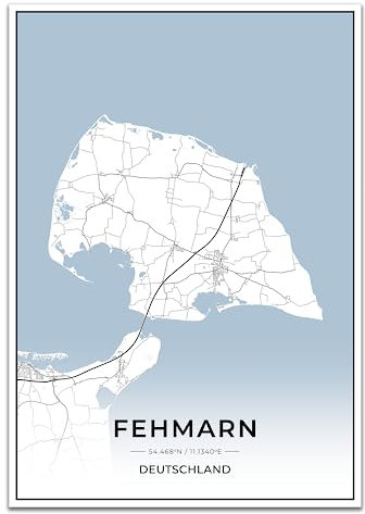 Vacentures Fehmarn Karten Poster - Premium Wandbild ohne Bilderrahmen I Moderne Wanddeko für Wohnzimmer oder Schlafzimmer I Hochwertiger Druck (Blau, 50x70 CM)