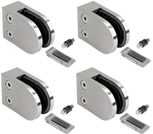 PRIOstahl Glashalter 4 Stück Glasklemmen Klemmhalter Glashalter mit Sicherungsplatte + Sicherungsstift 63 x 45 x 30 mm Anschluss: Flach für Glas 10 mm aus Edelstahl V2A