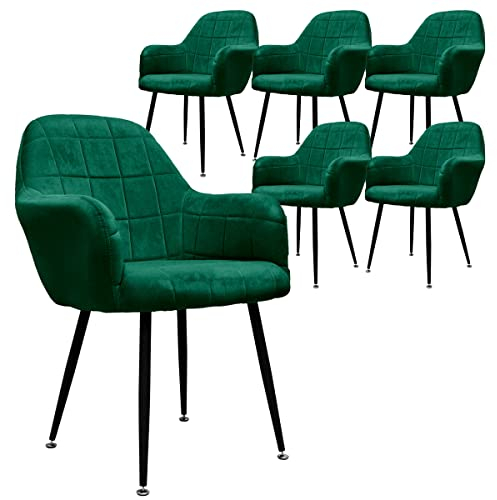 ECD Germany 6er Set Esszimmerstühle mit Rücken- und Armlehnen, Dunkelgrün, Küchenstühle mit Samtbezug, Polsterstühle mit Metallbeinen, Ergonomische Stühle für Esstisch, Wohnzimmerstühle Esszimmerstuhl