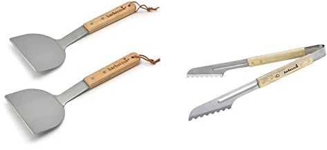 Barbecook Set de 2 spatules à plancha, ustensiles plancha pour Barbecue plancha & Pince BBQ, Pince de Luxe, Pince à Barbecue, Accessoire Barbecue, Acier INOX/Bouleau, 40 cm
