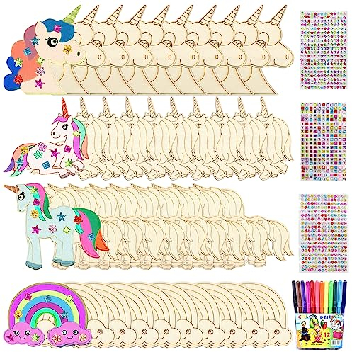 Einhorn Holz Bastelset,55 Stück Bastelset Einhorn Kindergeburtstag, Kreatives DIY Set für Kinder, Einhorn Bastelset Kit mit Aquarell Bleistift und Edelstein Aufkleber
