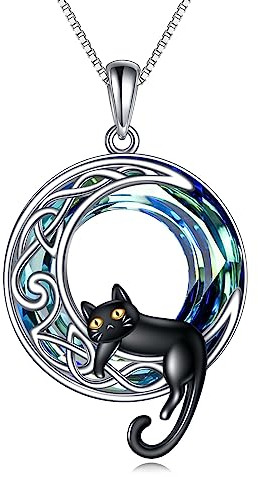 VONALA Katze Anhänger Kette, 925 Sterling Silber Tier Mond Halskette Schmuck Geschenk für Damen (Katze-Blauer Kristall 02)