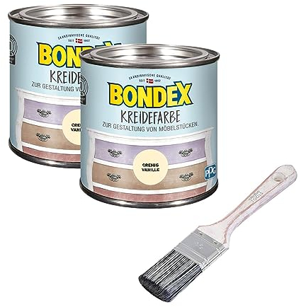 Bondex 2er-Set Kreidefarbe 0,5 L Cremig Vanille mit Flachpinsel | Möbelfarbe für den Innenbereich | Leichte Verarbeitung für kreative DIY-Priojekte | Vintage-Look | Shabby-Chic