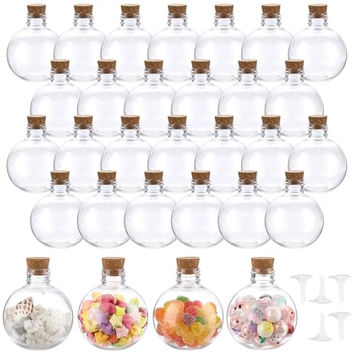 SUMTree 30 Packs 5 oz Ball Shape Plastic Sand Art Bottles with Corks Topper, Clear Potion Bottles Containers with 5 Mini Funnels for DIY Craft, Essential Oil, Party Decorations