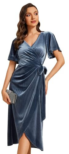Ever-Pretty Women's Dresses Velvet Midi Length A-Line V Neck Ruffled Sleeves Wedding Guest Dress Dusty Navy 8UK