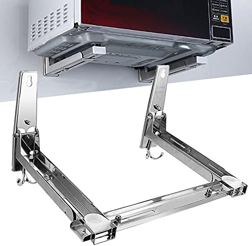 SuhoFutus Mikrowellenhalterung, Wandhalterung aus Edelstahl, Teleskopkonstruktion mit Haken, Universal für Mikrowellen, Silber, 22 x 22 x 29.5 cm, max. 1.16 kg Tragfähigkeit