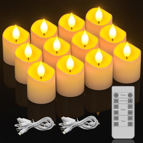 Ymenow LED Teelichter Wiederaufladbar mit Timer, 12 Stück Elektrische Flackernde Flamme LED Kerzen Aufladbar mit Timerfunktion Fernbedienung für Wohnzimmer Zimmer Halloween Weihnachten Deko