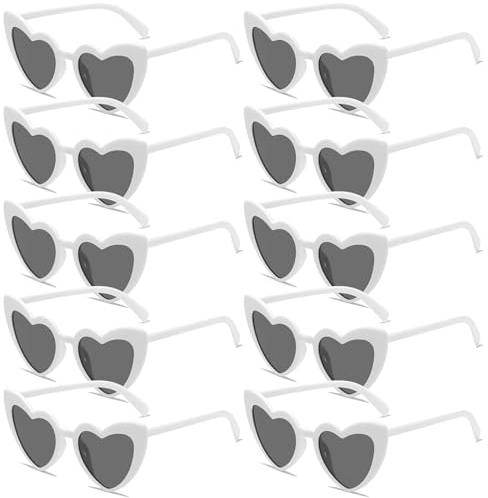 Herz Sonnenbrille Partybrille Set Herzform Brille JGA Brillen Herzbrille 90er Jahre Hippie Herzförmige Brille Herzchen Brille für Party Hochzeit Karneval Halloween 10 Stück (Weiß)