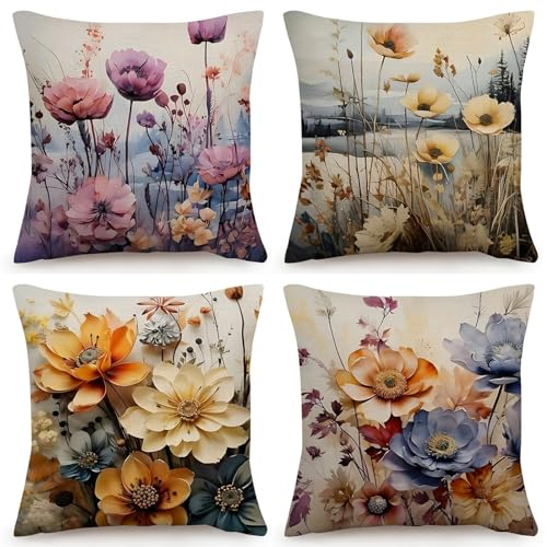 OYIMUA Blumen Kissenbezug 50x50 Lila 4er Set Kissenbezüge Leinen Deko Sofakissen Quadratisch Kissenhülle Garten Dekokissen Outdoor Kissen Bezug Zierkissen Aesthetic Couchkissen