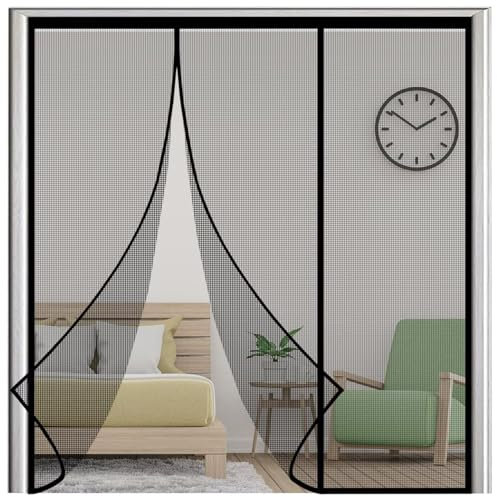 Puerta de balcón con mosquitera magnética 200x180cm Puerta de terraza con cortina contra moscas - Protección contra moscas, cortina magnética sin taladrar Negro