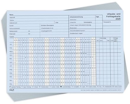 RNKVERLAG Urlaubs- und Fehltagekarte 2025, tabellarische Darstellung, im DIN A5 querformat aus Karteikarton, 10 Stück