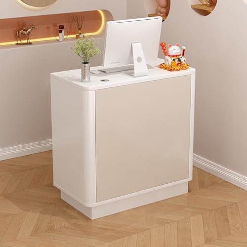 USFJATI Moderner Empfangstheke mit Schubladen, LadenTheke Verkaufstheke, Büro theke Rezeption Tisch, Klein Empfangstheken, for Salon Kasse Empfang Büro(Khaki+White,80 * 40 * 88cm)