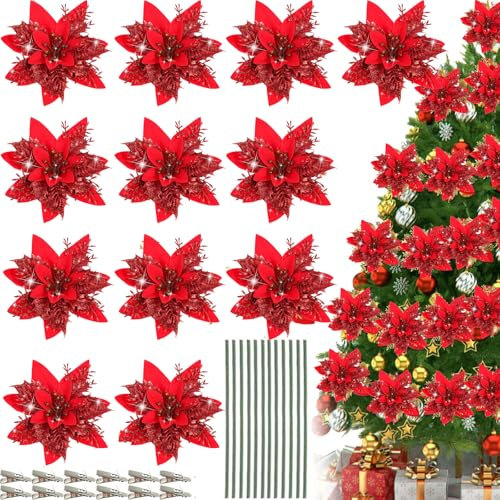 QXNDXQ 12PCS Weihnachten Glitzer Kunstblumen, Weihnachtsstern Deko Blumen, Weihnachtsblumen, Weihnachtsbaum Blumen Ornament mit 12Pcs Vorbauten und Clips (rot)