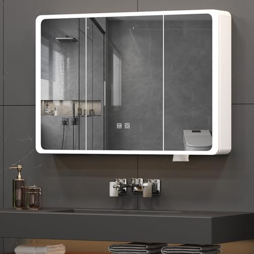 Bathroom Mirror Cabinets with LED Lights, Space Saver Medicine Cabinets, Wall Mounted Bathroom Cabinet with Dimmable Illuminated Mirror, 3 Doors Storage Cabinet Mirror with Defogger, 100x13x70cm