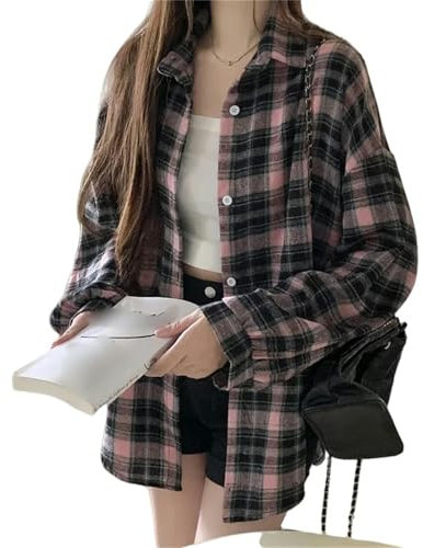 KVLHCSVA Camicia Camicia A Quadri da Donna A Manica Lunga Camicia A Quadri Casual Abbigliamento Quotidiano-Plaid Nero E Rosa-Una Taglia